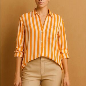 Passports Orange White Striped Blouse Size Large Loose Fit Lightweight Top